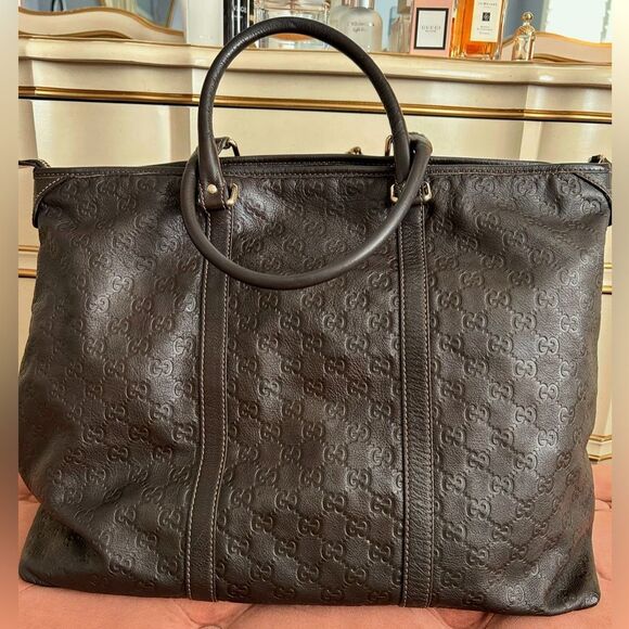 GUCCI Guccissima GG Auth Commuter Tote Brown Leather Unisex EUC - Picture 4 of 14